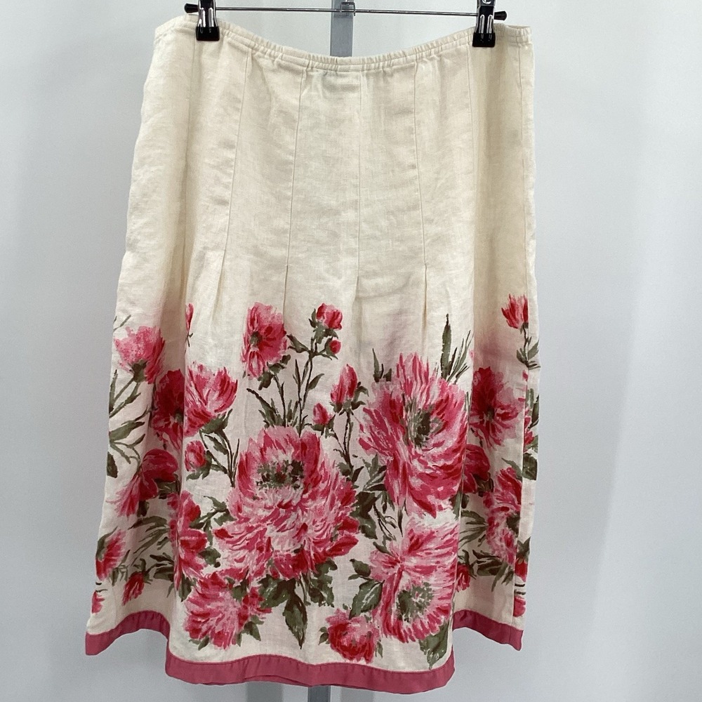 J. Jill White Linen Midi Skirt with Pink Floral Print Vintage and Like New